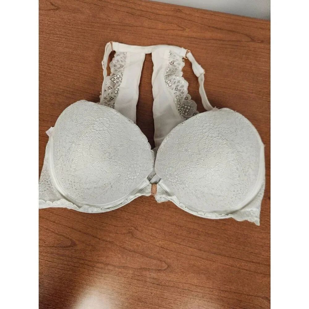 PINK 36DD white with silver shimmer, date push-up lace racerback bra